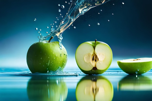 A green apple with a drop of water in the background