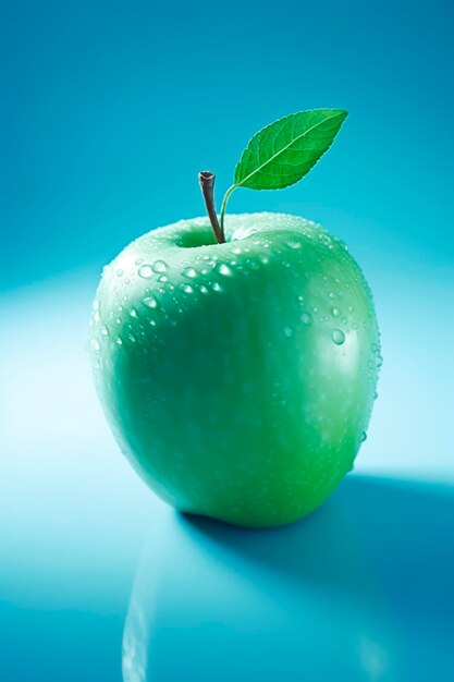 Green apple with green leaf on a blue background