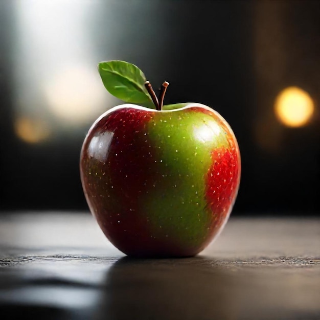 a green apple with a green leaf on it sits on a table