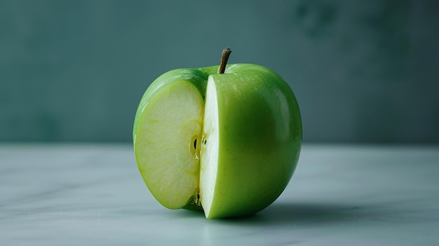 a green apple with a half stem and a half of a half apple