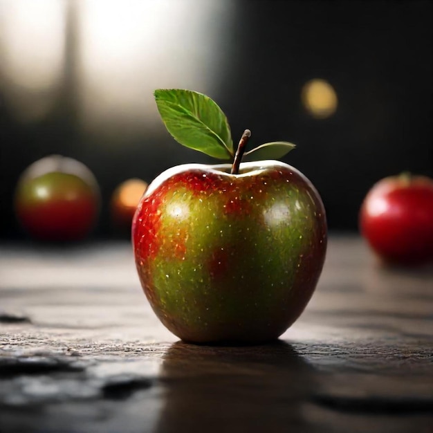 a green apple with a leaf on it sits on a table