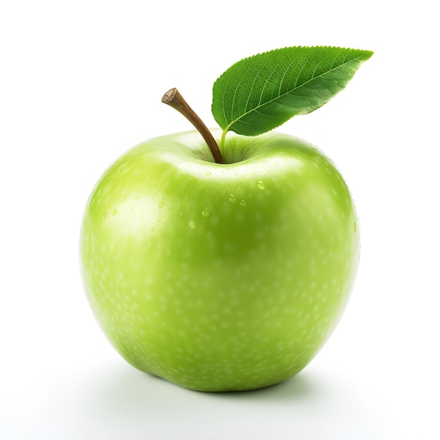 A green apple with a leaf on it