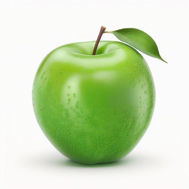 A green apple with a leaf on it