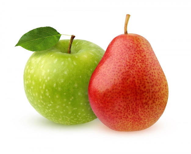 Green Apple with leaf and red pear