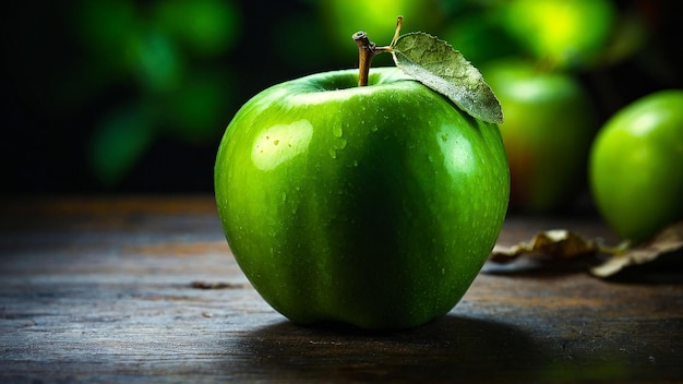 Green Apple With Leaf On Top Close View