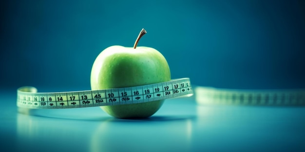 Green Apple with measuring tape on blue background Weight loss counting calories and healthy eating concept