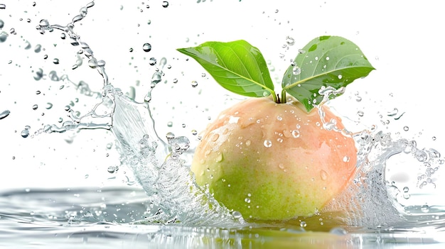 Photo a green apple with a single leaf falls into a bowl of water creating a splash