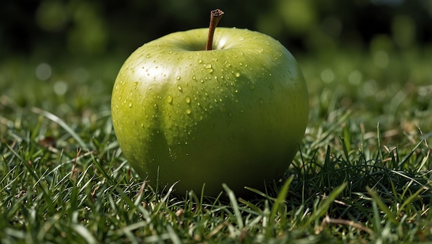 A green apple with a single leaf sits on grass covered in morning dew