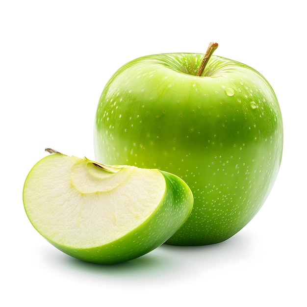 Green Apple with Slice Removed on White Background