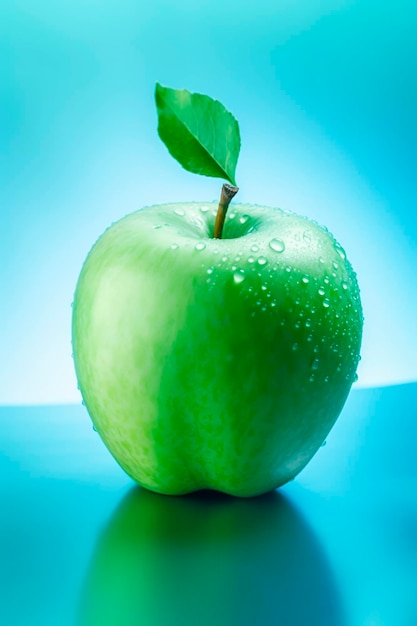 Green apple with water droplets on a blue background