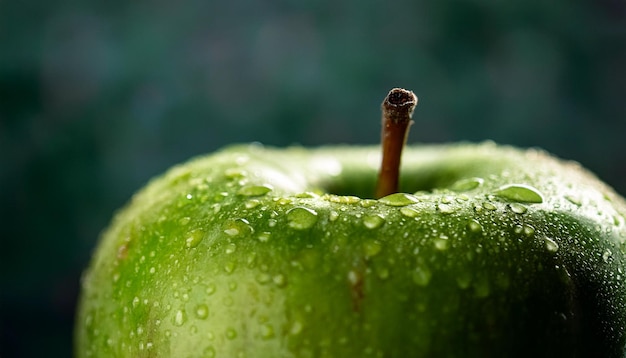 a green apple with water droplets on it