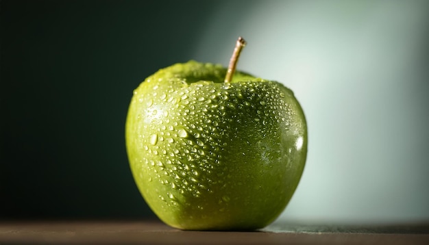 a green apple with water droplets on it