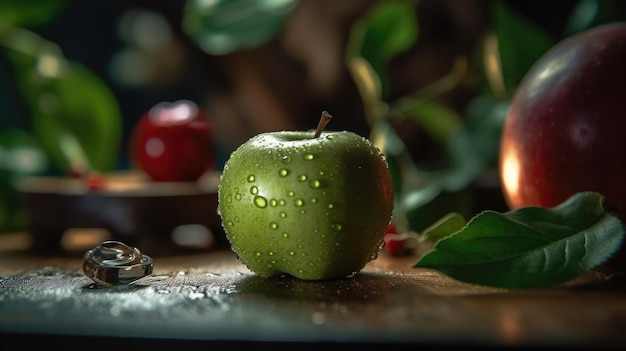 A green apple with water droplets on it