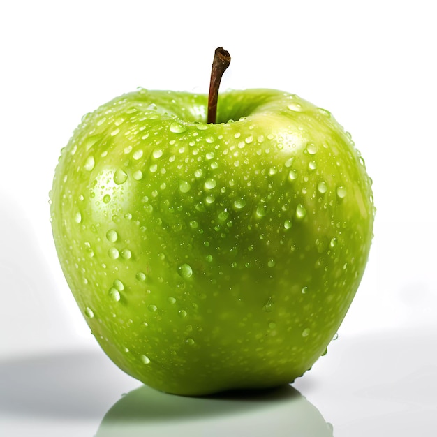 A green apple with water droplets on it