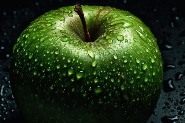 A green apple with water droplets on it