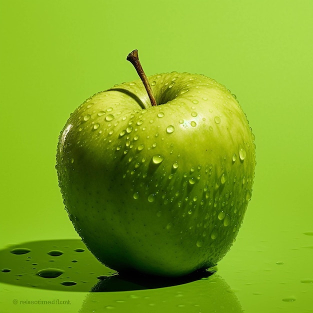 Green apple with water drops on a dark background