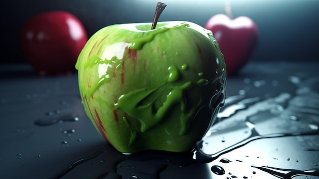 A green apple with water drops on it