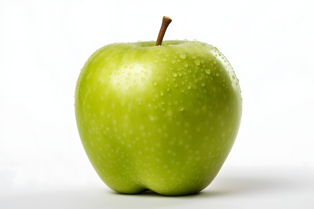 Green apple with water drops on white background