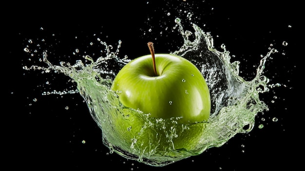 Green apple with water splash isolated on black background