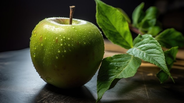 A green apple on a wooden cutting board with leaves on it