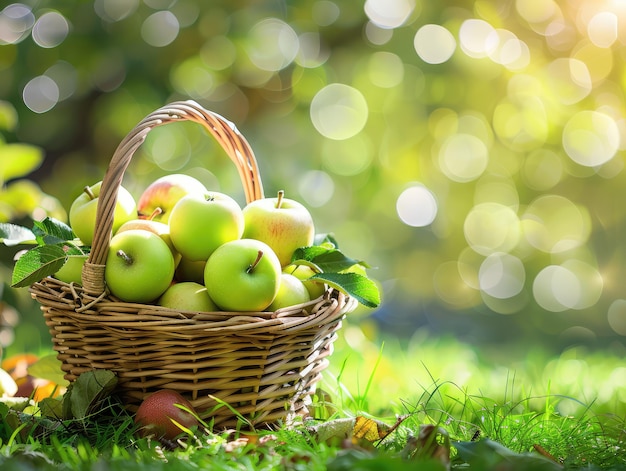 Green Apples in Basket Apples Harvest Banner Ripe Fruits in Garden on Grass under Apple Tree