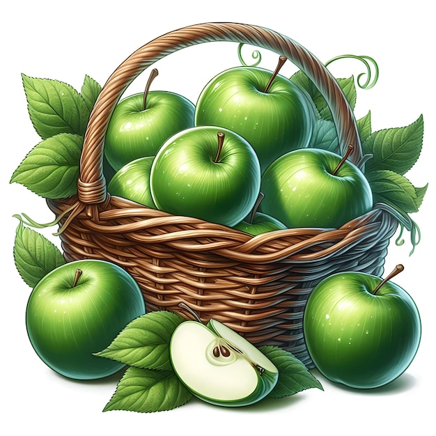 Green apples in basket Illustration Ai Generative