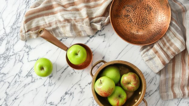 Green apples in copper cookware on marble background