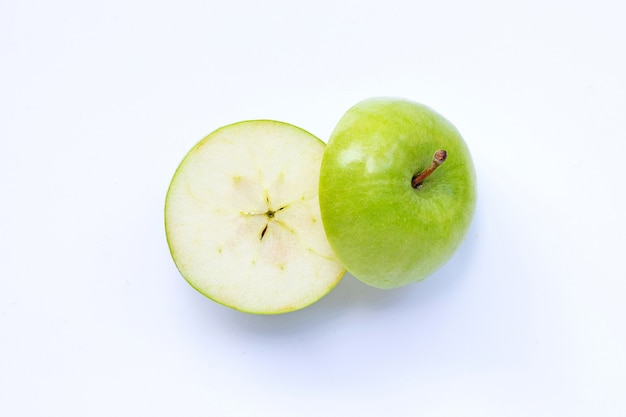 Green apples on white background. Copy space