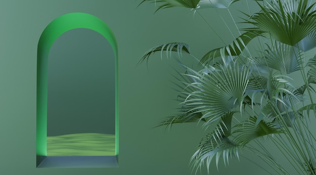 Green arch window on the wall Podium Product display Backdrop 3D Rendering