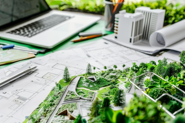 Photo green architectural plans with landscape design on desk environment concept