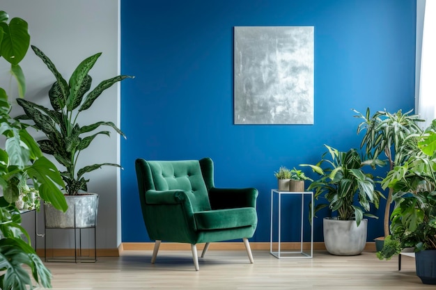 Green armchair against blue wall with silver painting in living room interior with plants