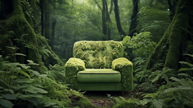 Green armchair in the middle of the forest