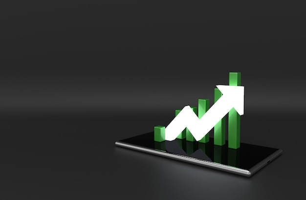 Green arrow and graph on mobile phone Growing business concept3D rendering