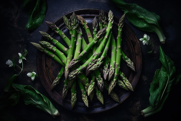 Green asparagus in a metal plate with some vegetables in it Generative AI