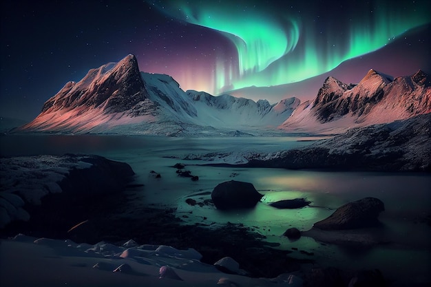 Green aurora borealis polar lights over ice and snow landscapegenerative ai