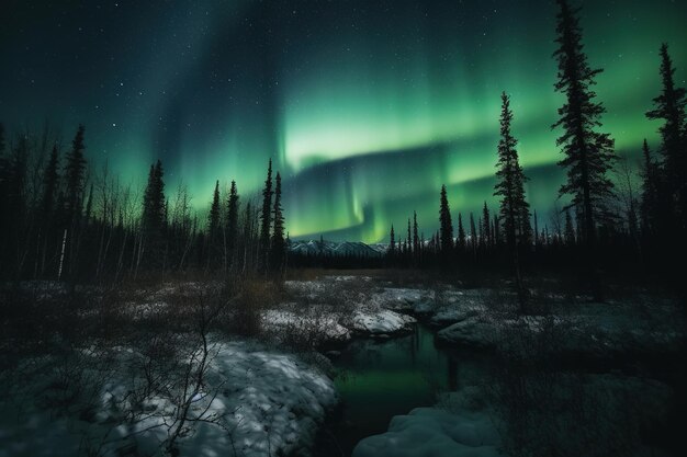 A green aurora is lit up over a snowy landscape.