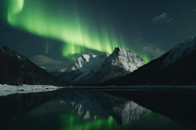 A green aurora over a mountain lake with a mountain in the background