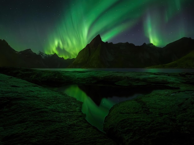 a green aurora over a mountain lake with a reflection of the mountain in the water