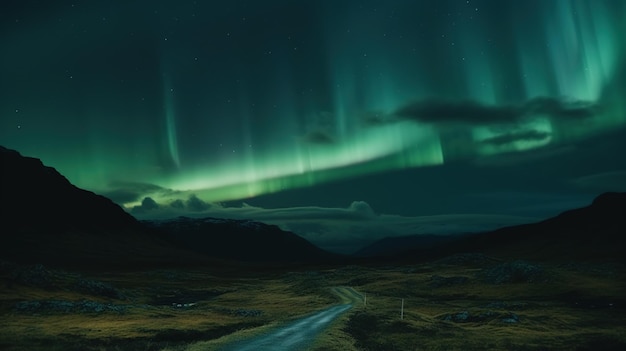 A green aurora over a road with a road and a road with the sky above it