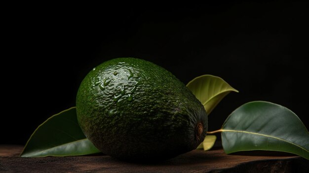 A green avocado on a wooden table with leaves on it