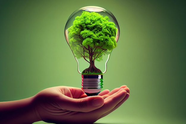 On a green background a holding a lightbulb has a tree inside it Generative Ai