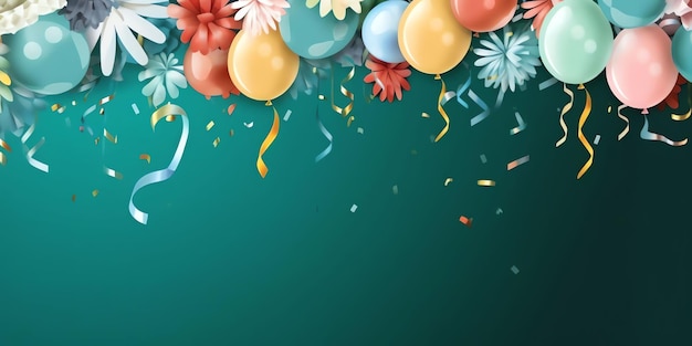 A green background with balloons and confetti.