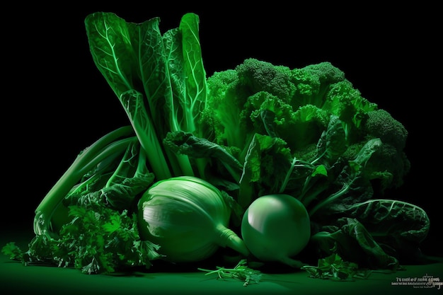 A green background with a bunch of vegetables and a green light.