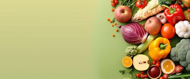 A green background with a bunch of vegetables and oranges