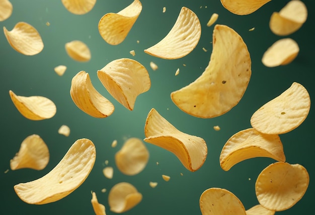 a green background with a bunch of yellow shells flying in the air