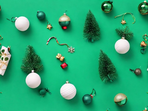 a green background with christmas trees and decorations