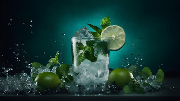 A green background with a cocktail and ice cubes and a splash of water