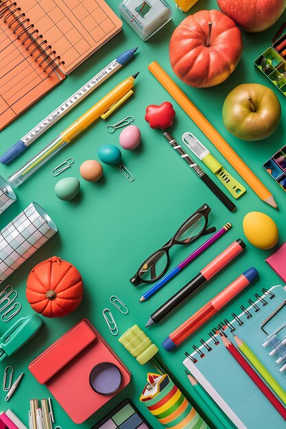 Green background with a collection of school supplies fresh and vibrant