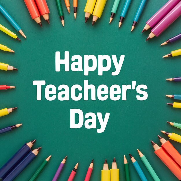 a green background with colored pencils and the words happy teacher day written on the green backgro