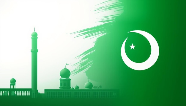 a green background with a flag and a mosque in the background